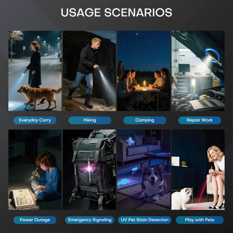 Compact USB C rechargeable EDC flashlight delivers 800 lumens with usage scenarios including hiking, camping, and emergencies.