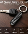 Rechargeable EDC Flashlight With USB C Port, 360 Lumen Mini Keychain Light shown with attached keychain for everyday carry.