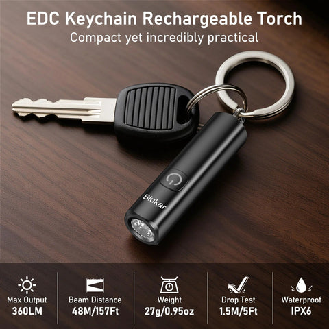 Rechargeable EDC Flashlight With USB C Port, 360 Lumen Mini Keychain Light shown with attached keychain for everyday carry.