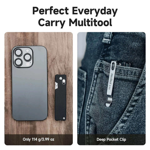 Axis Lock Folding Pocket Knife With 11 In 1 Multitool 2.76 Inch 14C28N Steel Blade G10 Handle shown next to smartphone and clipped in jeans pocket.