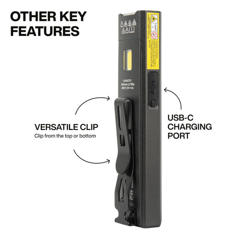 Side view of rechargeable EDC pocket flashlight with a precise green laser, showing clip and USB-C port for versatile hands-free use.