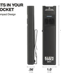 Side view and front view of a compact rechargeable EDC pocket flashlight with a precise green laser, dual clip, and magnetic end