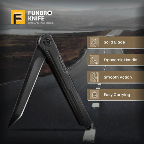Image of EDC Pocket Knife With 7CR13Mov Steel Tanto Blade Slim Survival Knife With Clip And Liner Lock Window Breaker displayed on a road background, showcasing its solid blade and ergonomic handle.