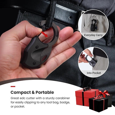 Compact Pocket Knife For Valentines Day Gifts For Him held in hand, showing carabiner for Everyday Carry EDC Box Cutter use