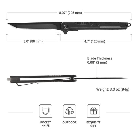 EDC Pocket Knife With 7CR13Mov Steel Tanto Blade Slim Survival Knife With Clip And Liner Lock Window Breaker dimensions