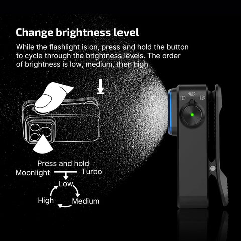 Diagram showing how to change brightness levels on OLIGHT Oclip Pro EDC Clip On Light Rechargeable 500 Lumens with button press illustration.