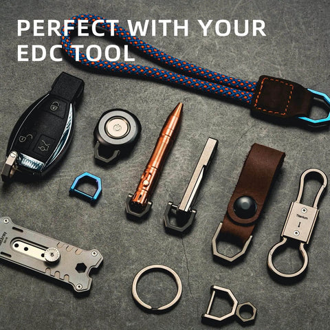 Collection of EDC tools including MecArmy CH2 Titanium D Shape Heavy Duty Key Ring, Key Fob Holder Keychain with Screw Shackle, stonewashed finish