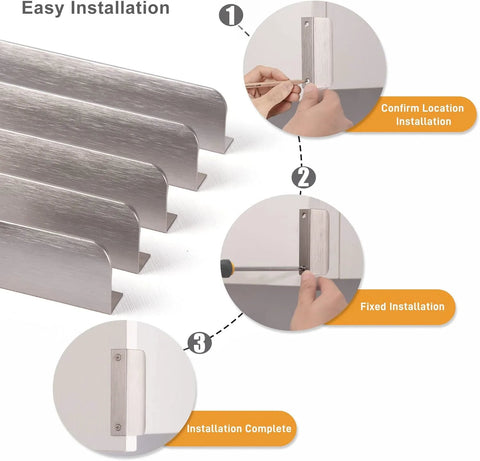 Installation steps for Edge Finger Tab Cabinet Pulls Back Mount Aluminum Flat Hidden Handle, easy setup with extra screws, brushed nickel finish.