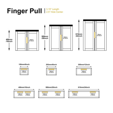 Diagram showing Edge Finger Tab Cabinet Pulls Back Mount Aluminum Flat Hidden Handle dimensions and installation sizes.