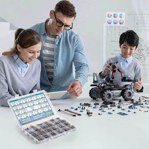 Children and teacher assembling robot with electronic components and kit on table.