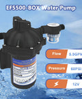 EF5500-BOX 12V Sprayer Pump, Soft Wash Pump, 5.5GPM 60 PSI Diaphragm Pump displayed with flow, pressure, and voltage specs
