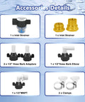 Accessories for EF5500-BOX 12V Sprayer Pump, including inlet strainers, hose barb adapters, hose barb elbow, MNPT, clamps.