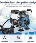 High Efficiency Oilless Vacuum Pump With Fifty Liters Per Minute Capacity And Simple On Off Switch Quiet Aluminum Silencer Vacuum Gauge Four Connectors For Laboratory Electronics Industry And Home Workshop Use, featuring heat dissipation design, side fans, and cooling fins.