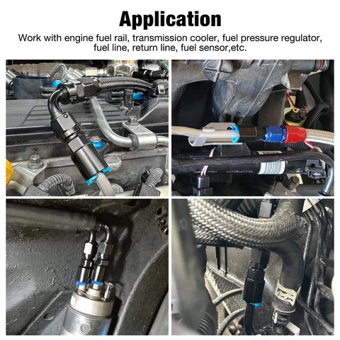 Beefy 6AN Male To 3/8 Inch And 5/16 Inch SAE Quick Disconnect Female Push On EFI Fuel Rail Fittings Two Pack Aluminum 6061-T6 installed