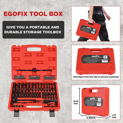 1/4" Drive Impact Socket Set 90 Piece, Metric Socket 4-15mm and Standard SAE Size 5/32-9/16 inch in red toolbox case