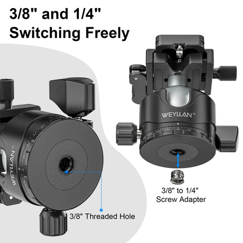 46mm Lever Ball Head EH46L with 3/8" and 1/4" screw adapter, low profile heavy duty tripod mount, CNC aluminum alloy, 390g