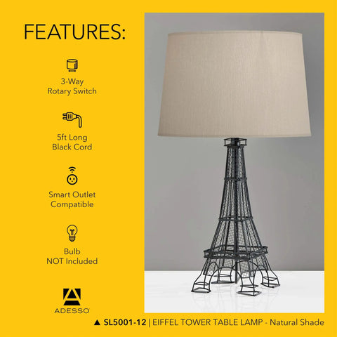 Parisian Inspired Eiffel Tower Table Lamp With Black Acrylic 3D Base And Natural Fabric Shade For Bedside Desk Or Living Room A Dope Pick For Farmhouse Rustic Boho And Industrial Decor, showing front view with natural fabric shade and black base.