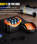 Eight Battery Pack With Charger 4 AA 3400mWh And 4 AAA 1100mWh in charger with USB-C, includes game controllers in background