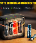 Eight Battery Pack With Charger 4 AA 3400mWh And 4 AAA 1100mWh with LED indicators on wooden surface