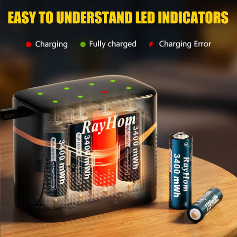Eight Battery Pack With Charger 4 AA 3400mWh And 4 AAA 1100mWh with LED indicators on wooden surface