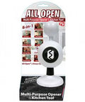 8-In-1 Multi-Function Kitchen Opener with ergonomic non-slip handle and white durable construction in retail packaging