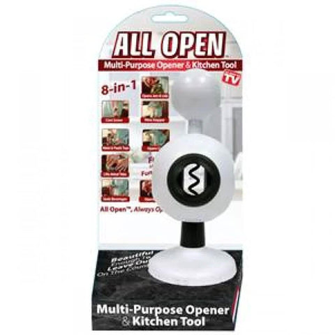 8-In-1 Multi-Function Kitchen Opener with ergonomic non-slip handle and white durable construction in retail packaging