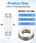 Diagram and photo of Eight Pack Miniature Thrust Ball Bearings With Washers 8mm Bore 16mm Outer Diameter 5mm Thick Chrome Steel Single Direction