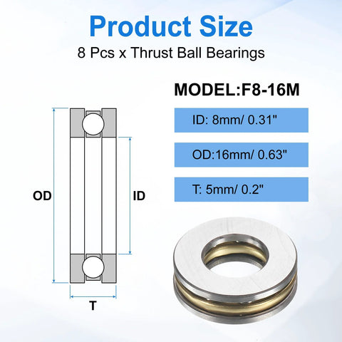 Diagram and photo of Eight Pack Miniature Thrust Ball Bearings With Washers 8mm Bore 16mm Outer Diameter 5mm Thick Chrome Steel Single Direction