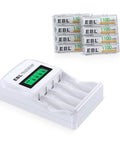 Eight Pack AAA Rechargeable 1100mAh NiMH Batteries With Individual LCD Charger showing batteries and charger