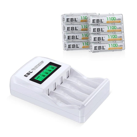 Eight Pack AAA Rechargeable 1100mAh NiMH Batteries With Individual LCD Charger showing batteries and charger