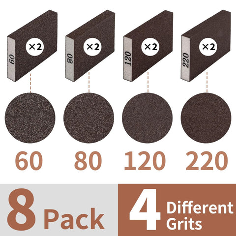 Image showing an Eight Pack Hand Sanding Block Set Grits 60 80 120 220 For Wood Metal Drywall with visual of all grits.