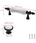 Dimensions of Eight Piece Crack Pattern White Ceramic Cabinet Pulls and Drawer Knobs Set in Antique Black with hardware screws.