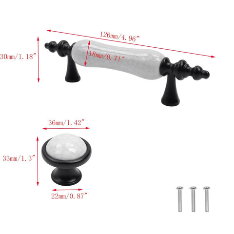 Dimensions of Eight Piece Crack Pattern White Ceramic Cabinet Pulls and Drawer Knobs Set in Antique Black with hardware screws.