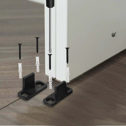 Eight Piece Sliding Door Floor Guide Set With Screws, Bottom Guide For Bypass, Pocket And Barn Style Doors, shown installed on floor