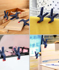 Four 4-1/2 inch mini bar clamps and spring clamps from the Eight Piece Clamp Set shown in various woodworking and holding scenarios.