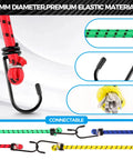 Close-up of 12 Pack Elastic Bungee Cords With Hooks in assorted colors, showcasing 8mm diameter and premium elastic material for outdoor use.