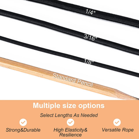 Comparison of Heavy Duty Elastic Bungee Cord One Eighth Inch By Fifty Foot For Kayaks with other sizes and a pencil for scale