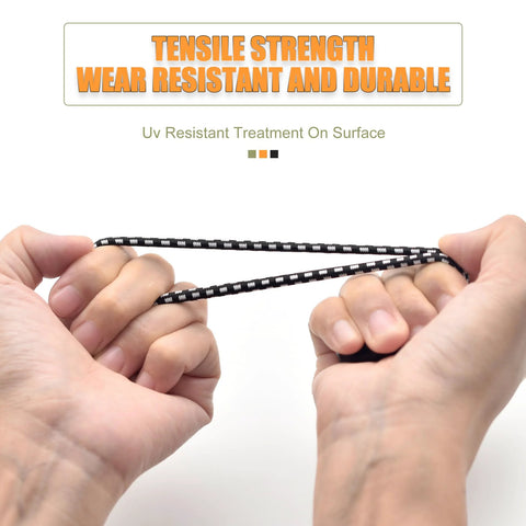 Hands stretching 30 Pack Ball Bungee Cord Set With 6 Inch Elastic Cords And 1 Inch Nylon Balls for Canopy Tarp Tie Downs, emphasizing durability.