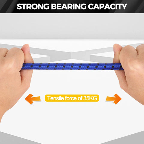 Person stretching elastic bungee cord with strong bearing capacity text, part of 12 Pack Elastic Bungee Cords With Hooks In 40 Inch 32 Inch 24 Inch 16 Inch