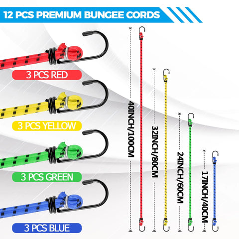 12 Pack Elastic Bungee Cords With Hooks in 40 Inch, 32 Inch, 24 Inch, 16 Inch Sizes, multicolored heavy duty outdoor straps