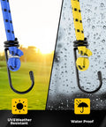 Elastic bungee cords with hooks, weather-resistant for outdoor use, showing UV and water resistance, 12 pack in various sizes.