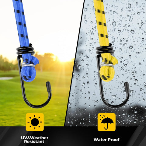 Elastic bungee cords with hooks, weather-resistant for outdoor use, showing UV and water resistance, 12 pack in various sizes.