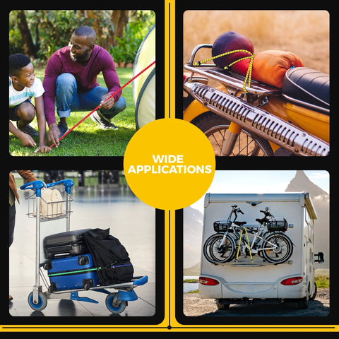 12 Pack Elastic Bungee Cords With Hooks In 40 Inch 32 Inch 24 Inch And 16 Inch Sizes used for camping, cargo, and fastening gear