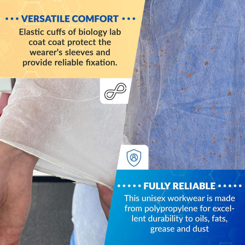 White Disposable Lab Coats For Adults Medium 10 Pack AMZ Supply Knee Length PPE Clothing With Elastic Wrists Polyester Fabric