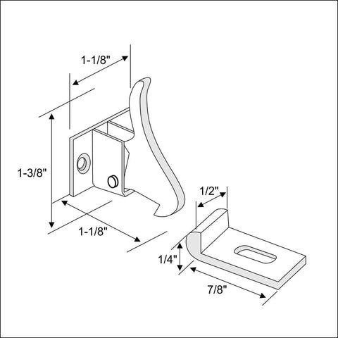 Diagram of Extra Heavy Duty Elbow Latch For Cabinets And Windows With Screws, Rugged Industrial Brass Construction In Nickel Finish, 1-1/8 Inch