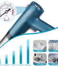 Electric Air Drain Blaster Clog Remover with 80 PSI and pressure gauge diagram, shown alongside bathroom and kitchen sink illustrations.