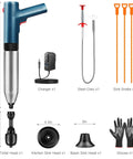 Electric Air Drain Blaster Clog Remover with 80 PSI, accessories including heads, charger, steel claw, and gloves for plumbing