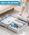 Woman packing suitcase with Electric Air Pump For Vacuum Storage Bags Fast Compact And Easy To Use, shown with clothes and linens.