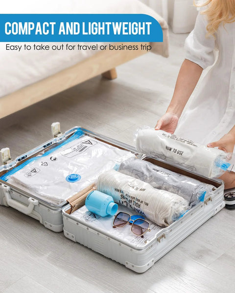 Woman packing suitcase with Electric Air Pump For Vacuum Storage Bags Fast Compact And Easy To Use, shown with clothes and linens.