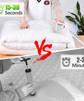 Comparison between electric air pump and manual pump for vacuum storage bags, highlighting speed differences with timers and a split image.